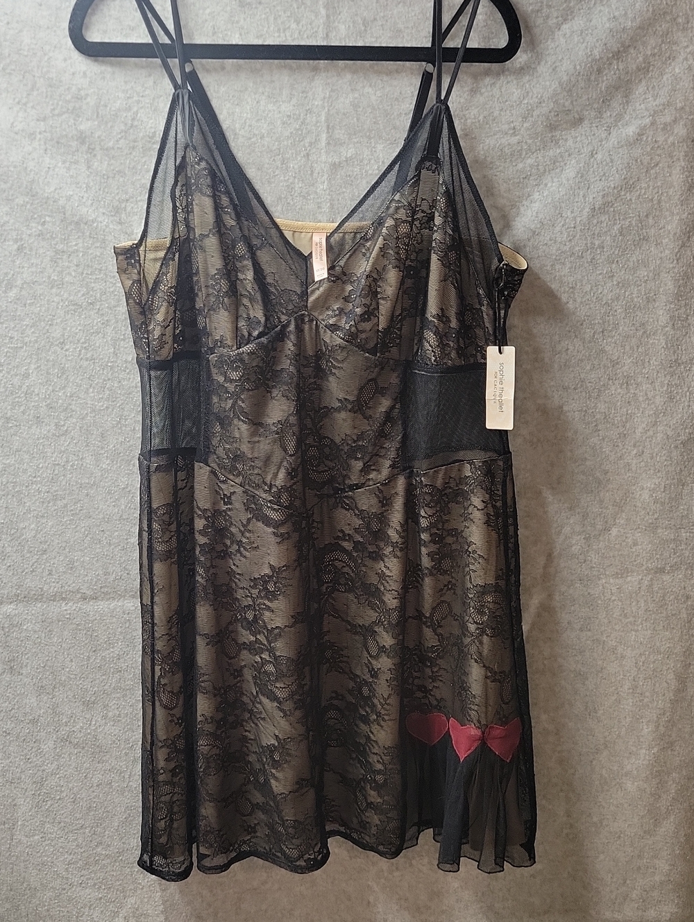 Sophie Theallet Black Lace Chemise with Cream Lining and Red Heart Details